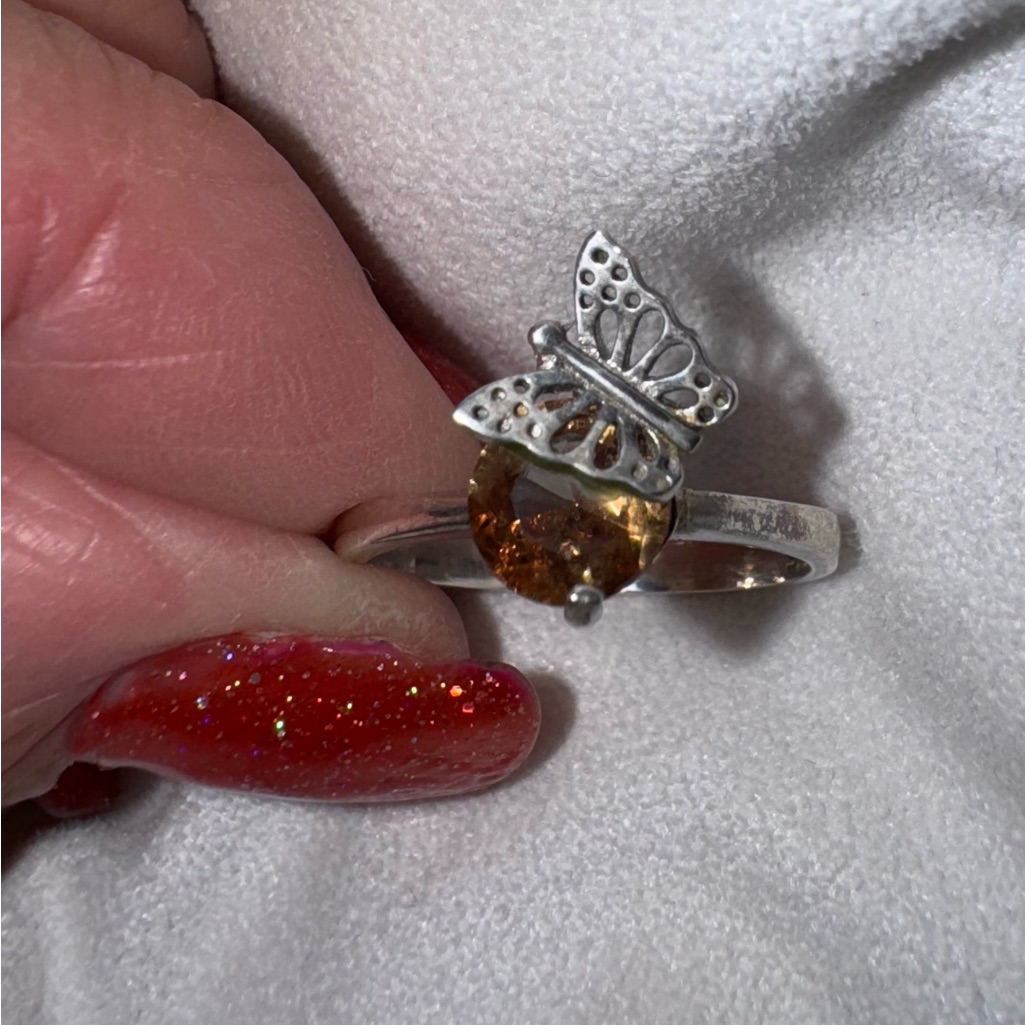Vintage Unique Sterling Ring With Topaz Stone & Sterling Butterfly, Size 8.5